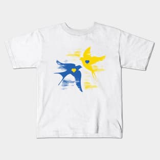 Birds of Peace | Ukrainian Flag color hand drawn heart, Peace for Ukraine Kids T-Shirt